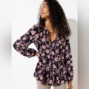 LOFT Navy Floral Peplum Blouse XS ruffle hem